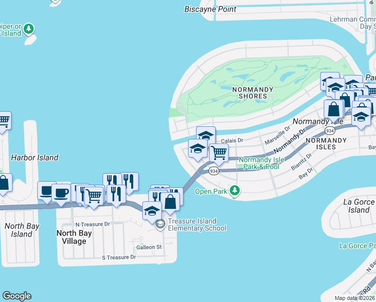 map of restaurants, bars, coffee shops, grocery stores, and more near 2158 Biarritz Drive in Miami Beach
