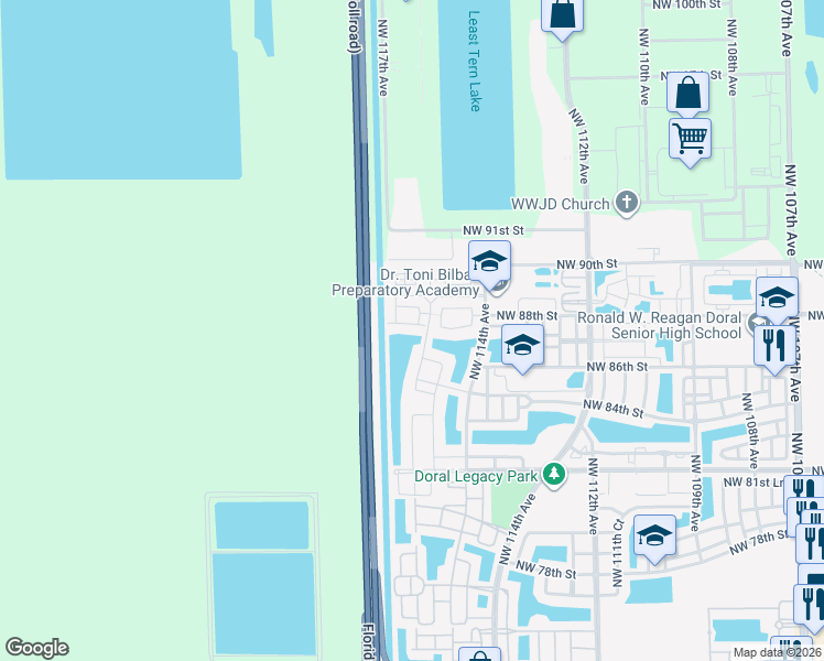 map of restaurants, bars, coffee shops, grocery stores, and more near 11604 Northwest 87th Lane in Doral