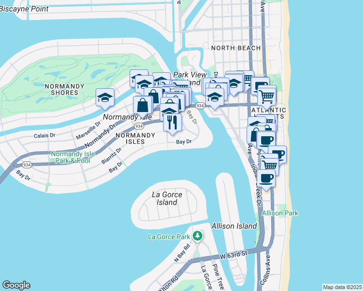 map of restaurants, bars, coffee shops, grocery stores, and more near 1000 Bay Drive in Miami Beach