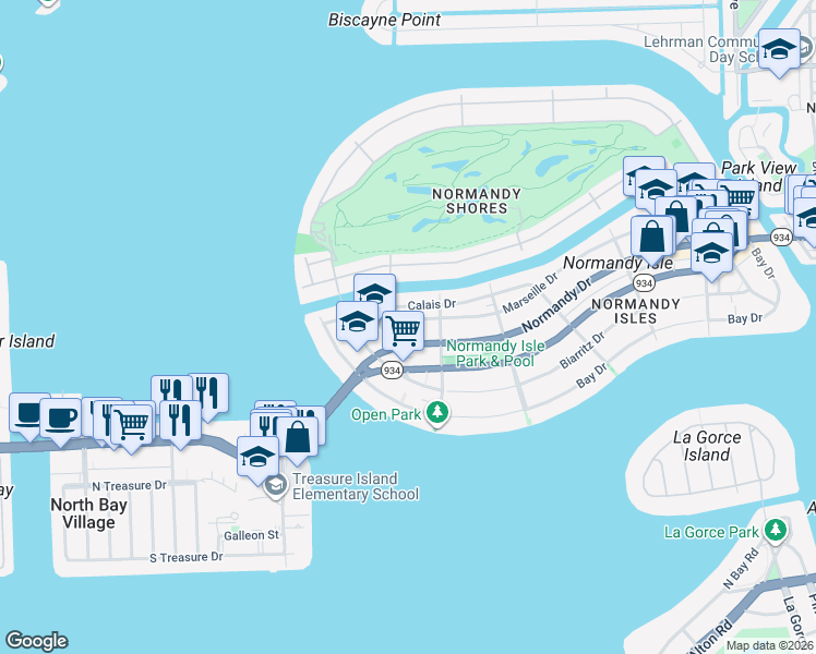 map of restaurants, bars, coffee shops, grocery stores, and more near 1990 Marseille Drive in Miami Beach