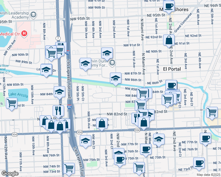 map of restaurants, bars, coffee shops, grocery stores, and more near 254 Northwest 85th Street Road in Miami