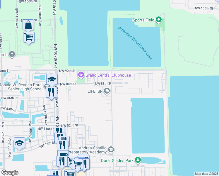 map of restaurants, bars, coffee shops, grocery stores, and more near 8640 Northwest 101st Place in Doral