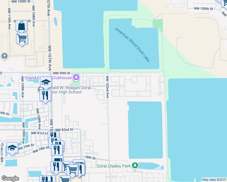 map of restaurants, bars, coffee shops, grocery stores, and more near 8640 Northwest 101st Place in Doral