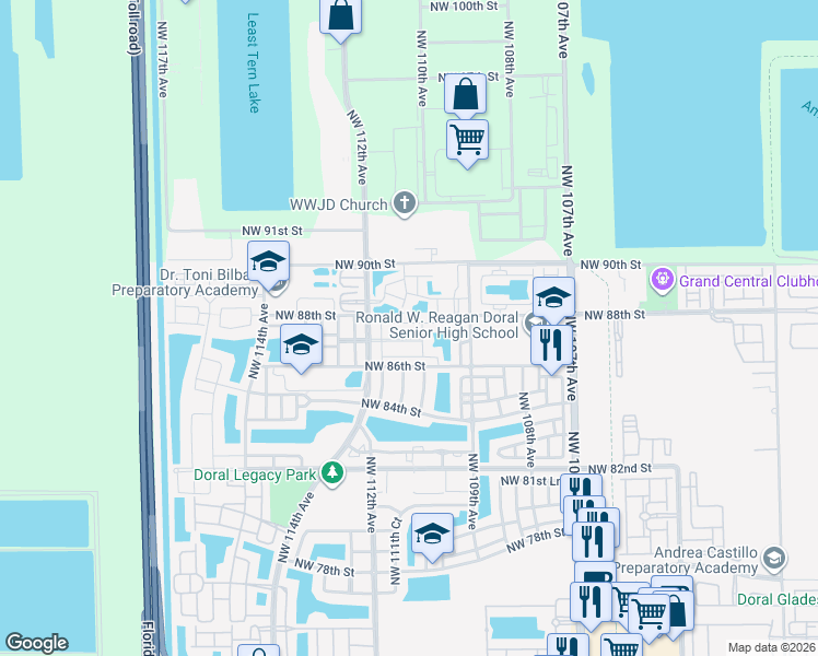 map of restaurants, bars, coffee shops, grocery stores, and more near 11037 Northwest 87th Lane in Hialeah