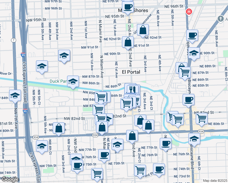 map of restaurants, bars, coffee shops, grocery stores, and more near 95 Northeast 84th Street in Miami