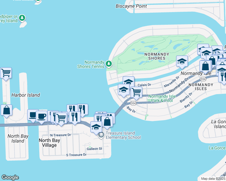 map of restaurants, bars, coffee shops, grocery stores, and more near 2180 Bay Drive in Miami Beach
