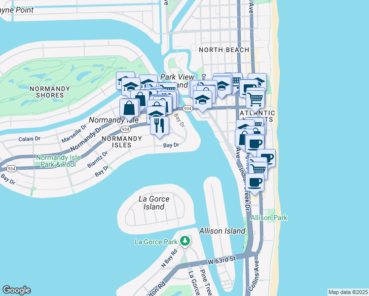 map of restaurants, bars, coffee shops, grocery stores, and more near 910 Bay Drive in Miami Beach