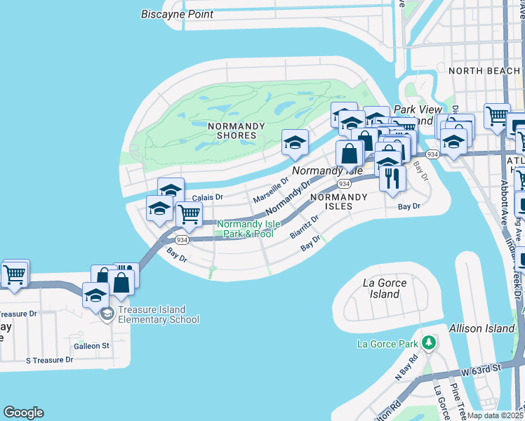 map of restaurants, bars, coffee shops, grocery stores, and more near 1595 Normandy Drive in Miami Beach