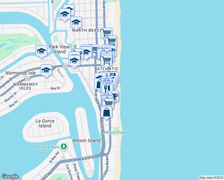 map of restaurants, bars, coffee shops, grocery stores, and more near 6799 Collins Avenue in Miami