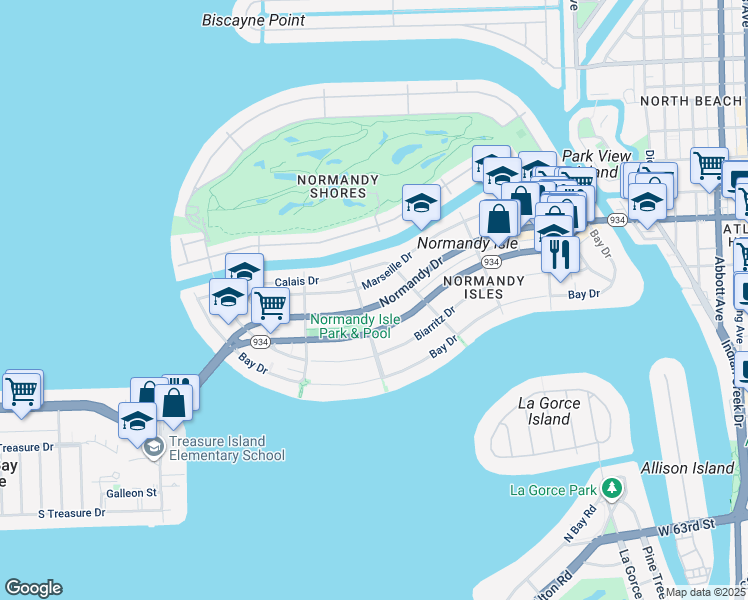 map of restaurants, bars, coffee shops, grocery stores, and more near 1595 Normandy Drive in Miami Beach