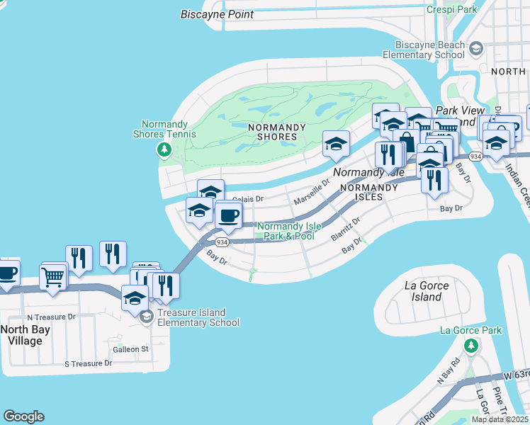 map of restaurants, bars, coffee shops, grocery stores, and more near 1765 Normandy Drive in Miami Beach