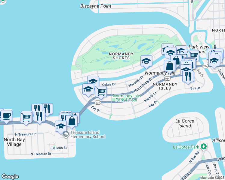 map of restaurants, bars, coffee shops, grocery stores, and more near 1915 Normandy Drive in Miami Beach