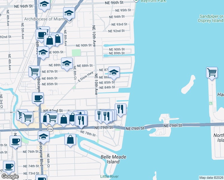 map of restaurants, bars, coffee shops, grocery stores, and more near 1087 Northeast 83rd Street in Miami