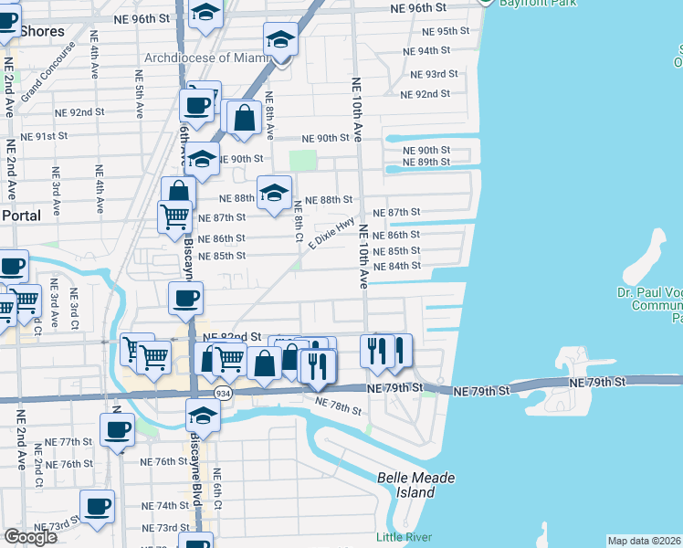 map of restaurants, bars, coffee shops, grocery stores, and more near 924 Northeast 84th Street in Miami