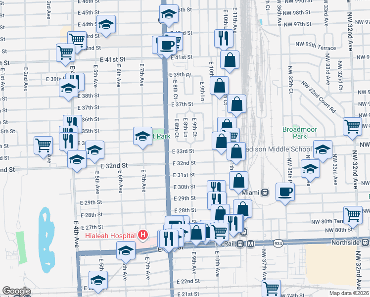 map of restaurants, bars, coffee shops, grocery stores, and more near 868 East 33rd Street in Hialeah