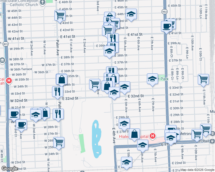 map of restaurants, bars, coffee shops, grocery stores, and more near 355 East 33rd Street in Hialeah