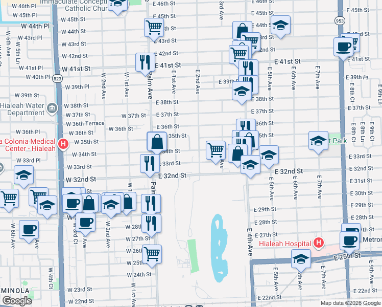 map of restaurants, bars, coffee shops, grocery stores, and more near 131 East 33rd Street in Hialeah