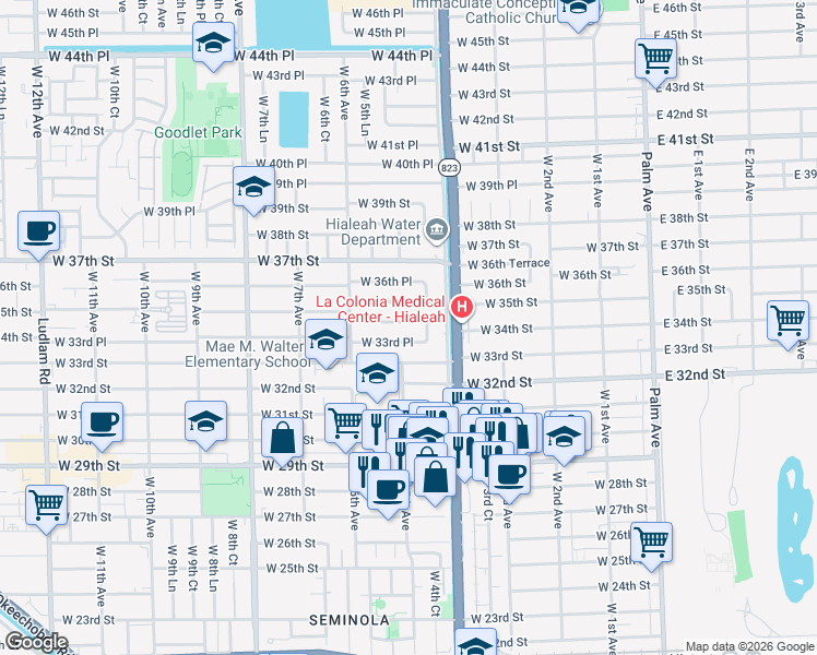 map of restaurants, bars, coffee shops, grocery stores, and more near 481 West 33rd Place in Hialeah