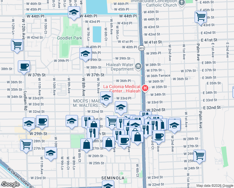 map of restaurants, bars, coffee shops, grocery stores, and more near 561 West 33rd Place in Hialeah