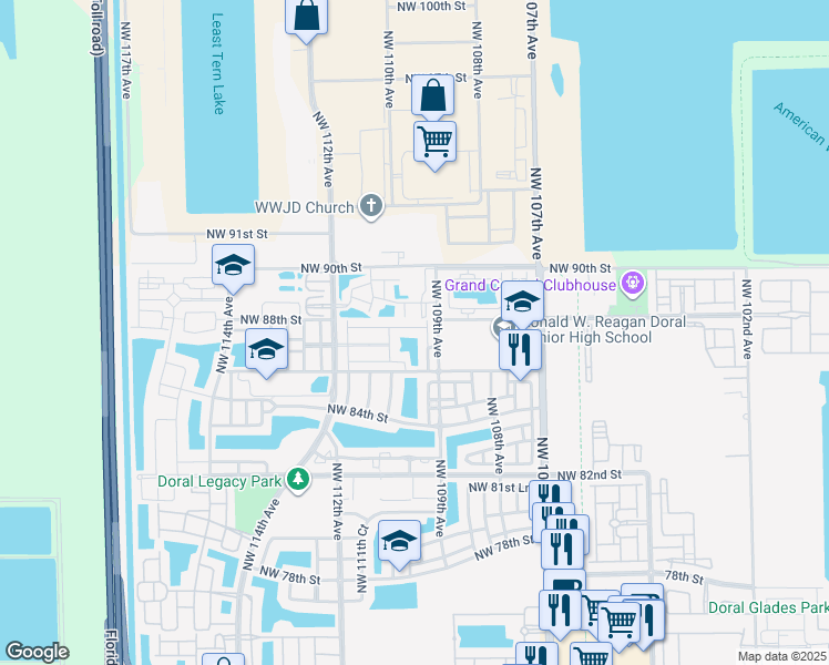 map of restaurants, bars, coffee shops, grocery stores, and more near 8711 Northwest 110th Avenue in Doral