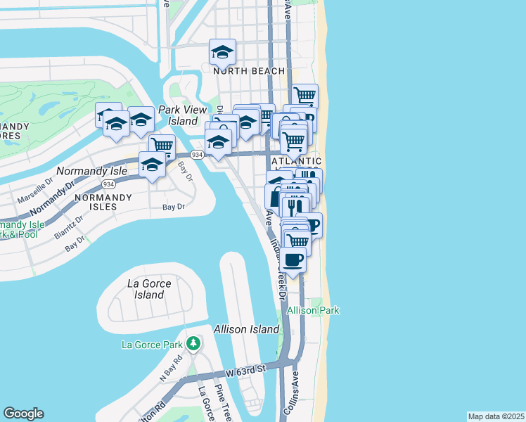 map of restaurants, bars, coffee shops, grocery stores, and more near 6801 Indian Creek Drive in Miami Beach