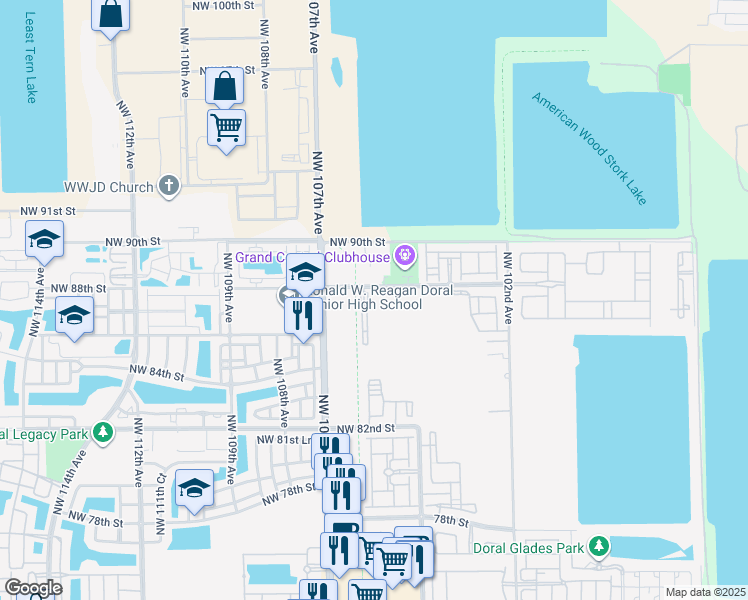 map of restaurants, bars, coffee shops, grocery stores, and more near 10620 Northwest 88th Street in Doral