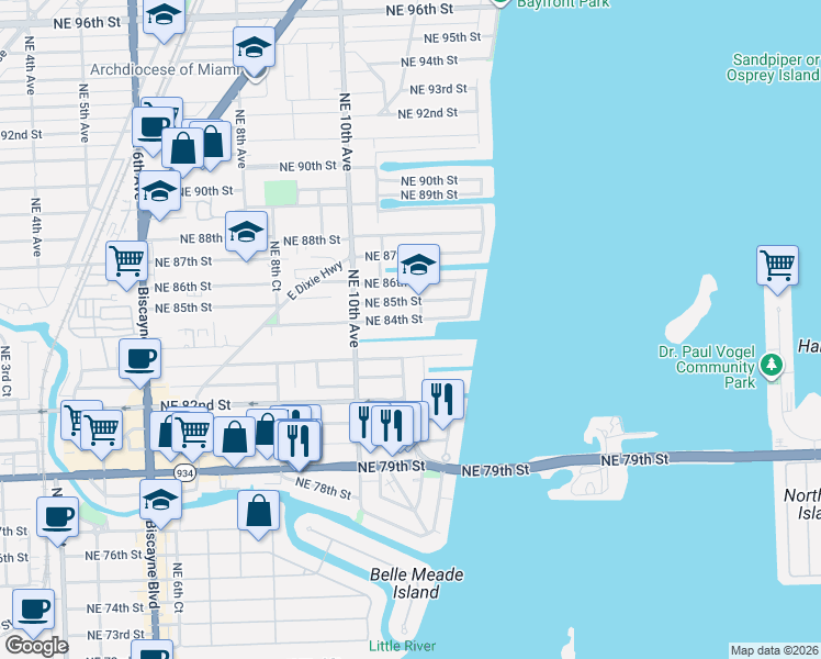 map of restaurants, bars, coffee shops, grocery stores, and more near 1087 Northeast 83rd Street in Miami