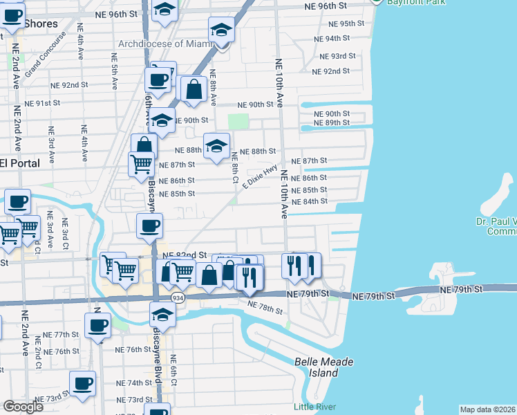 map of restaurants, bars, coffee shops, grocery stores, and more near 924 Northeast 84th Street in Miami