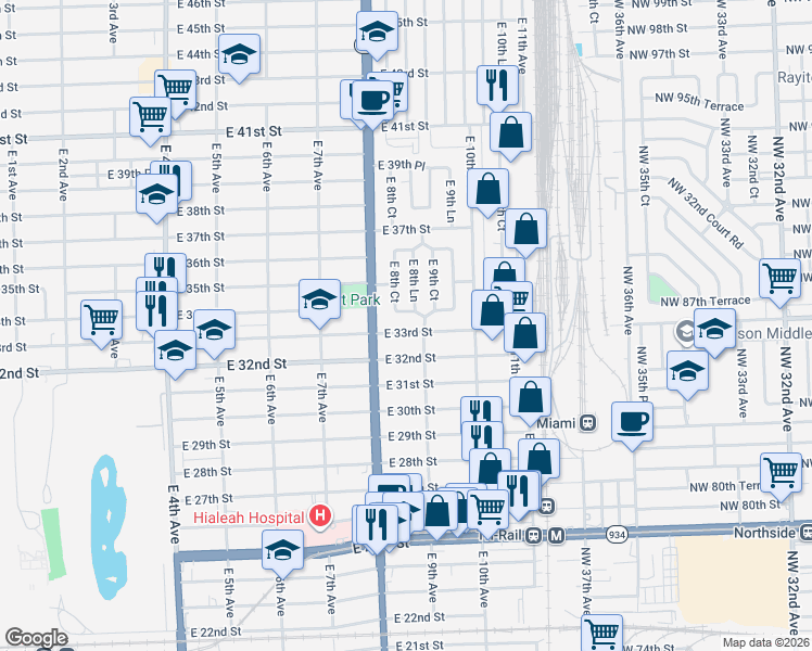 map of restaurants, bars, coffee shops, grocery stores, and more near 868 East 33rd Street in Hialeah