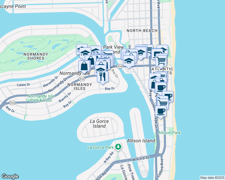 map of restaurants, bars, coffee shops, grocery stores, and more near 946 Bay Drive in Miami Beach