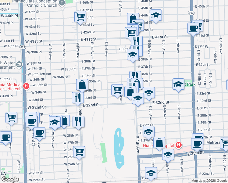 map of restaurants, bars, coffee shops, grocery stores, and more near 291 East 33rd Street in Hialeah