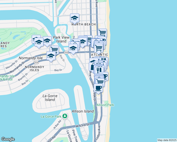 map of restaurants, bars, coffee shops, grocery stores, and more near 6801 Indian Creek Drive in Miami