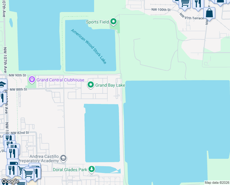map of restaurants, bars, coffee shops, grocery stores, and more near 8620 Northwest 97th Avenue in Medley