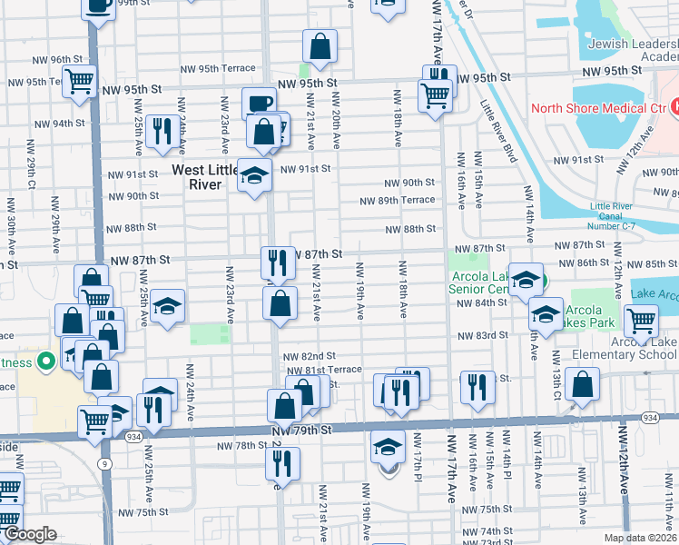 map of restaurants, bars, coffee shops, grocery stores, and more near 1942 Northwest 86th Street in Miami