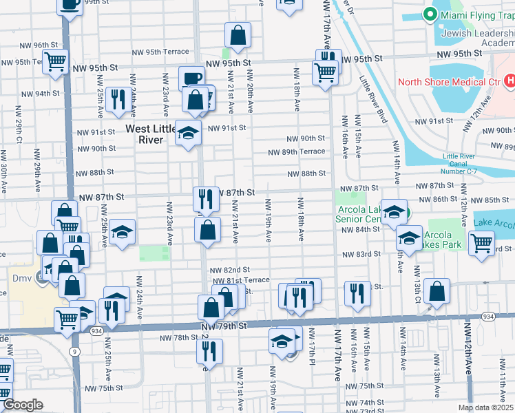 map of restaurants, bars, coffee shops, grocery stores, and more near 1942 Northwest 86th Street in Miami