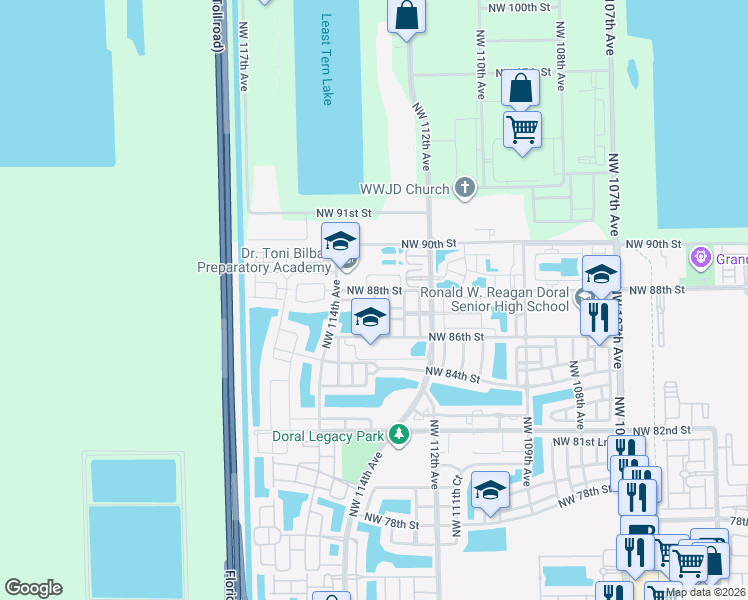 map of restaurants, bars, coffee shops, grocery stores, and more near Northwest 87th Lane in Doral
