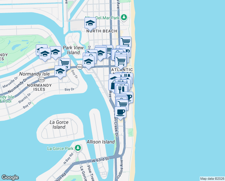 map of restaurants, bars, coffee shops, grocery stores, and more near 6801 Indian Creek Drive in Miami