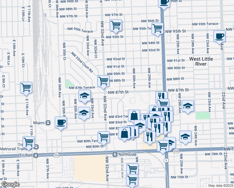 map of restaurants, bars, coffee shops, grocery stores, and more near 3085 Northwest 86th Street in Miami