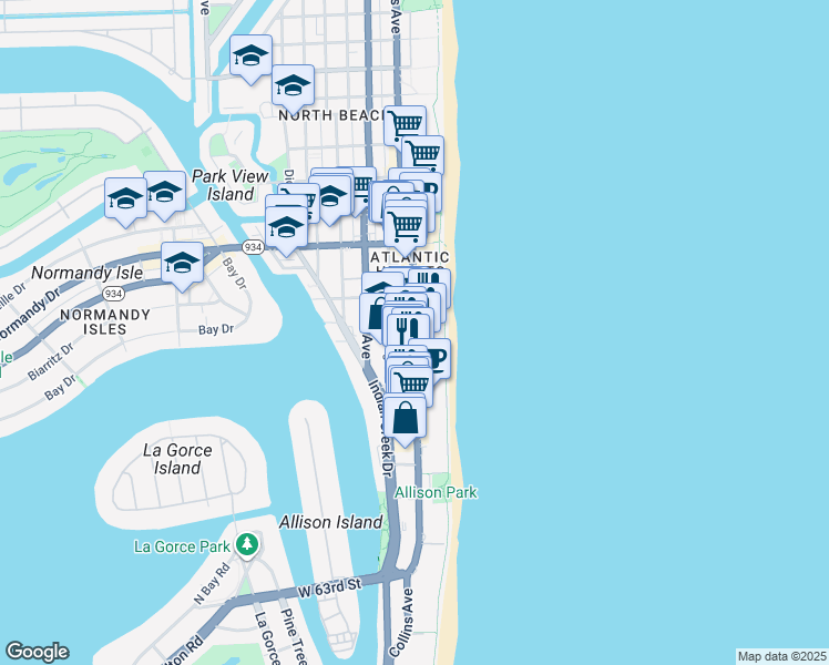 map of restaurants, bars, coffee shops, grocery stores, and more near 6800 Collins Avenue in Miami Beach