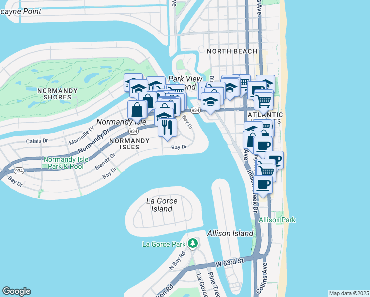 map of restaurants, bars, coffee shops, grocery stores, and more near 910 Bay Drive in Miami Beach
