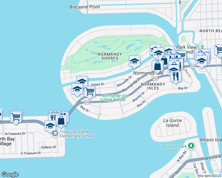 map of restaurants, bars, coffee shops, grocery stores, and more near 1765 Normandy Drive in Miami Beach