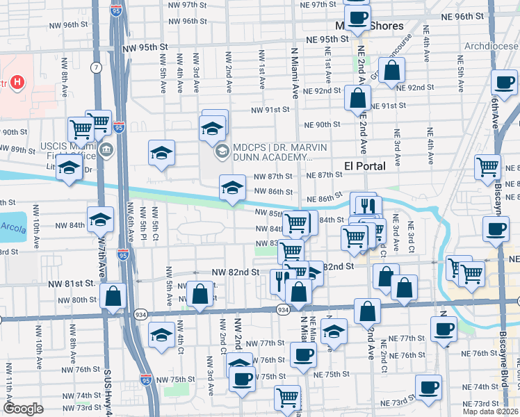 map of restaurants, bars, coffee shops, grocery stores, and more near 8493 Northwest 1st Avenue in Miami