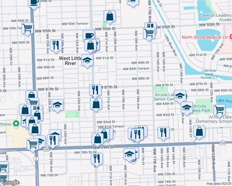 map of restaurants, bars, coffee shops, grocery stores, and more near 1942 Northwest 86th Street in Miami