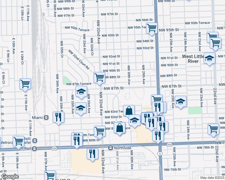 map of restaurants, bars, coffee shops, grocery stores, and more near 3085 Northwest 86th Street in Miami