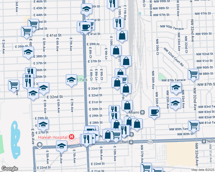 map of restaurants, bars, coffee shops, grocery stores, and more near 942 East 33rd Street in Hialeah