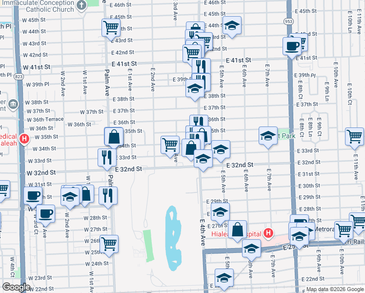 map of restaurants, bars, coffee shops, grocery stores, and more near 355 East 33rd Street in Hialeah