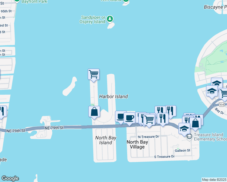 map of restaurants, bars, coffee shops, grocery stores, and more near 7935 East Drive in North Bay Village