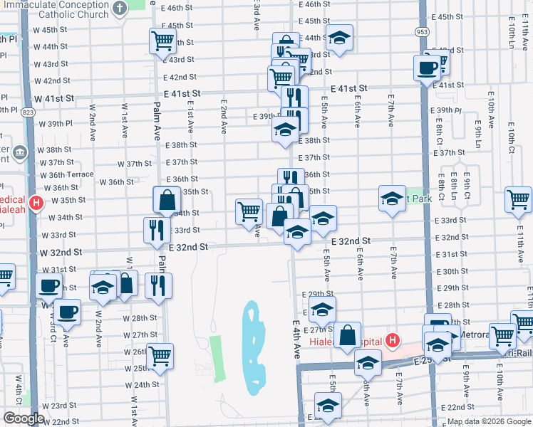 map of restaurants, bars, coffee shops, grocery stores, and more near 355 East 33rd Street in Hialeah