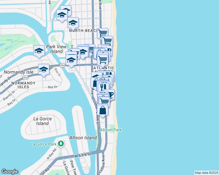 map of restaurants, bars, coffee shops, grocery stores, and more near 6799 Collins Avenue in Miami