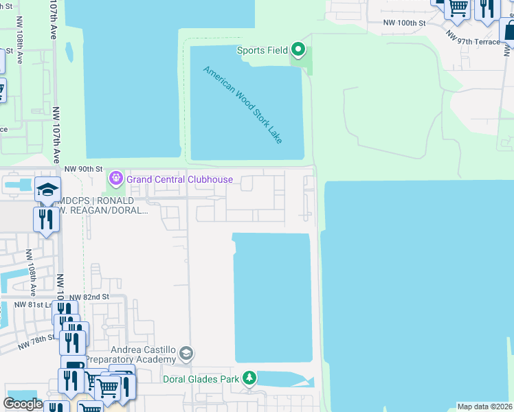 map of restaurants, bars, coffee shops, grocery stores, and more near 8705 Northwest 99th Avenue in Medley